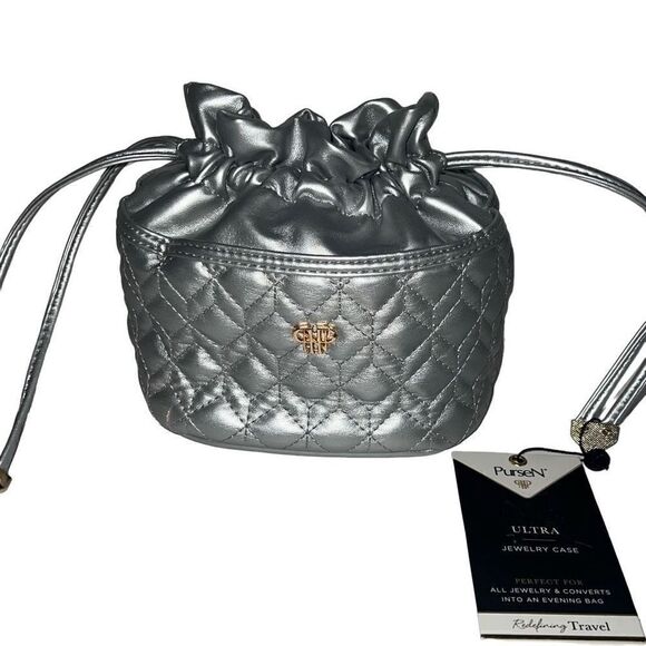 PurseN’ Ultra Jewelry Case Convertible Evening Bag NEW Silver Quilted Travel - Picture 1 of 9